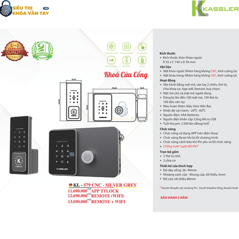Khóa vân tay Kassler cửa cổng KL 579 CNC - SILVER GREY