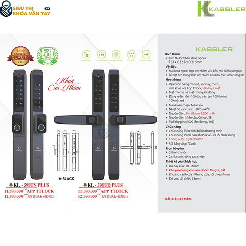 Khóa vân tay Kassler cửa nhôm KL-599TN PLUS BLACK