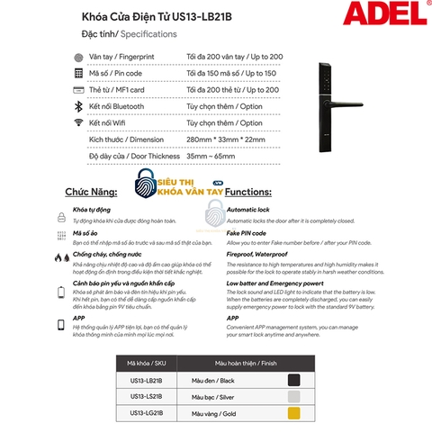 Khoá vân tay Adel cửa nhôm US13-LB21B