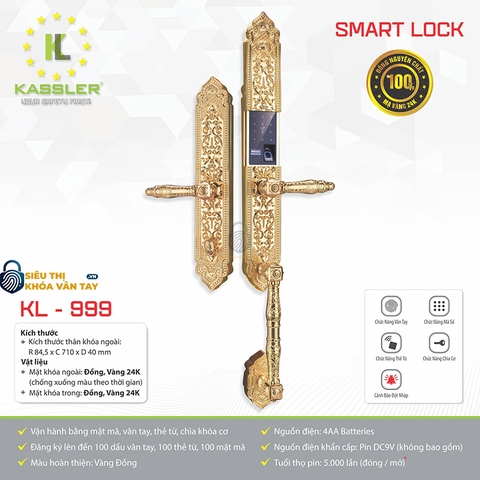 Khóa đại sảnh vân tay Kassler KL-999 Mạ vàng 24k