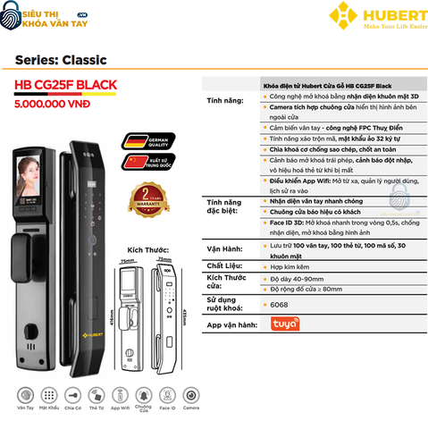 Khóa vân tay cửa gỗ Hubert CG25F BLACK