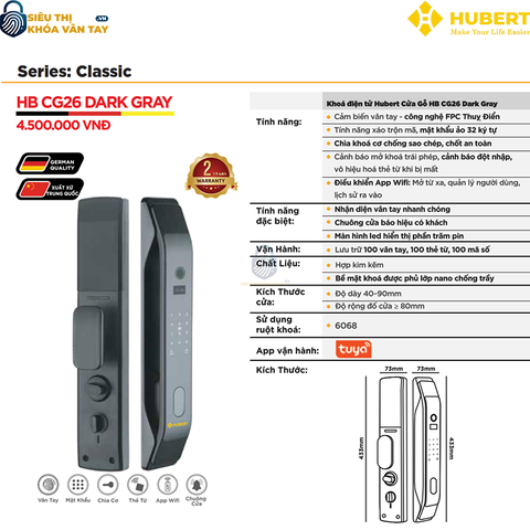 Khóa vân tay cửa gỗ Hubert CG26 Dark Gray