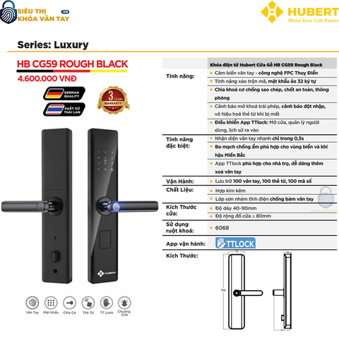 Khóa vân tay cửa gỗ Hubert CG59 ROUGH BLACK