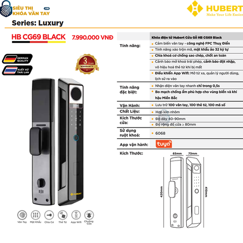 Khóa vân tay cửa gỗ Hubert CG69 BLACK