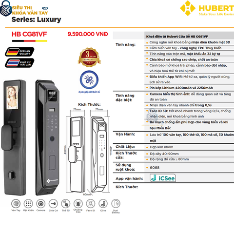 Khóa vân tay cửa gỗ Hubert CG81VF