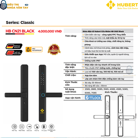 Khóa vân tay cửa nhôm Hubert CN21 BLACK