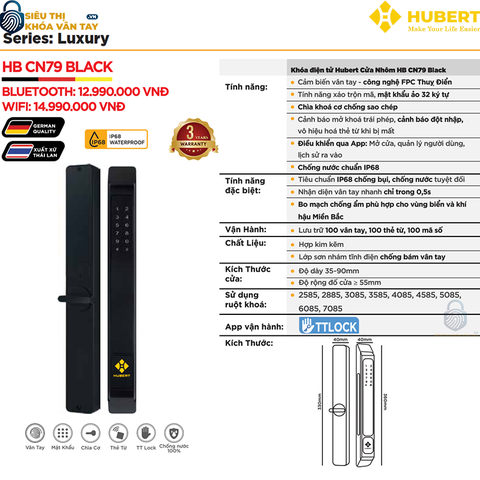 Khóa vân tay cửa nhôm Hubert CN79 BLACK