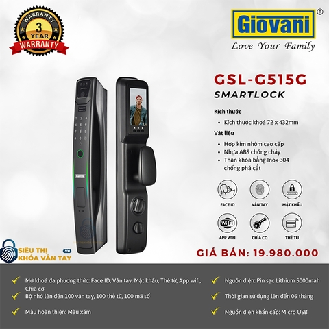 Khóa vân tay Giovani cửa gỗ GLS-G515G màu xám