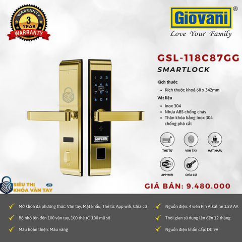 Khóa vân tay Giovani cửa gỗ GSL-118C87GG màu vàng