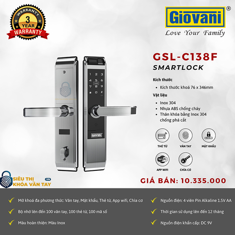 Khóa vân tay Giovani cửa gỗ GSL-C138F màu bạc