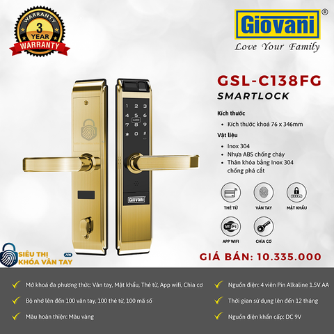 Khóa vân tay Giovani cửa gỗ GSL-C138FG màu vàng
