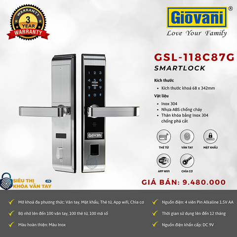 Khóa vân tay Giovani cửa gỗ GSL-C138G màu bạc