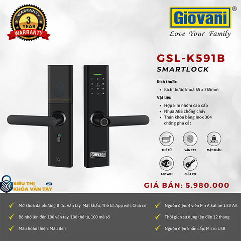 Khóa vân tay Giovani cửa gỗ GSL-K591B màu đen