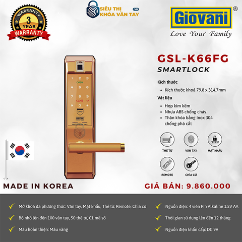 Khóa vân tay Giovani cửa gỗ GSL-K66 màu vàng