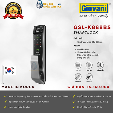 Khóa vân tay Giovani cửa gỗ GSL-K888BG màu đen bạc