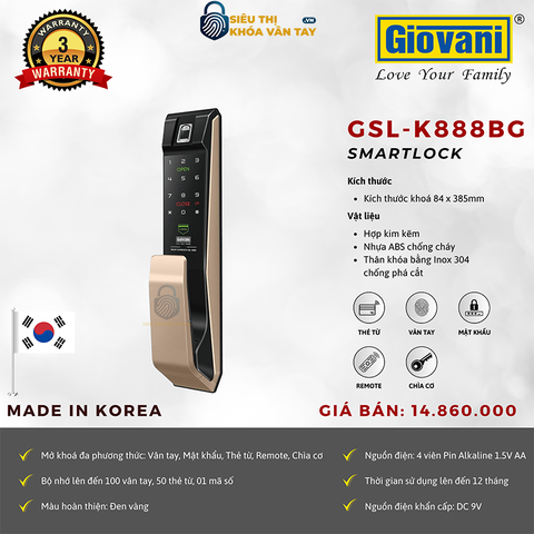Khóa vân tay Giovani cửa gỗ GSL-K888BG màu đen vàng