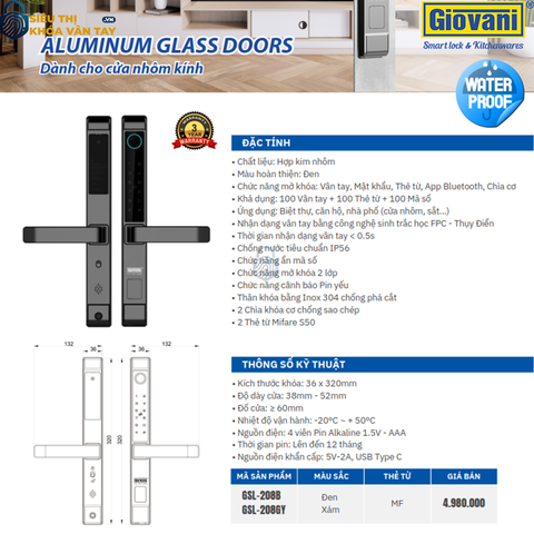 Khóa vân tay  Giovani cửa nhôm GSL - 208B màu đen