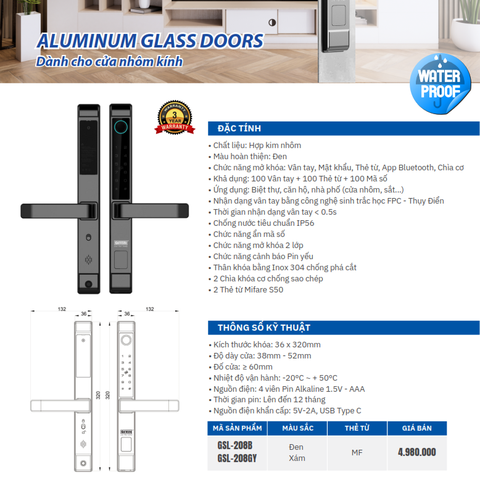 Khóa vân tay  Giovani cửa nhôm GSL - 208GY màu xám