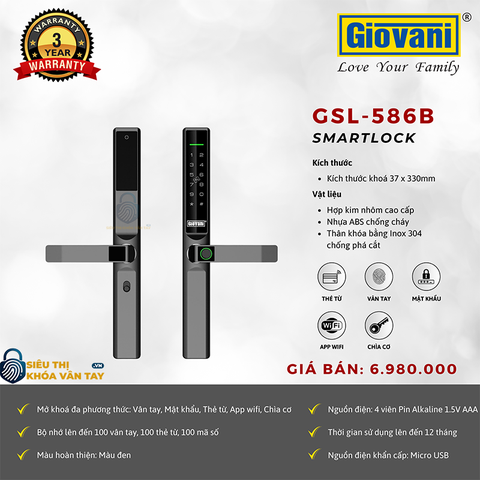 Khóa vân tay  Giovani cửa nhôm GSL-586B màu đen