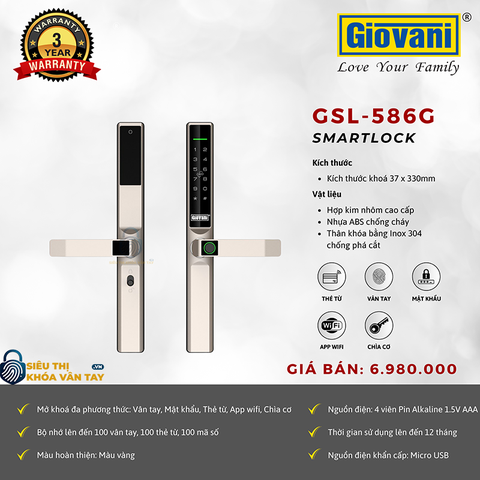 Khóa vân tay  Giovani cửa nhôm GSL-586G màu vàng