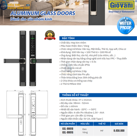 Khóa vân tay Giovani cửa nhôm GSL-8801B màu đen