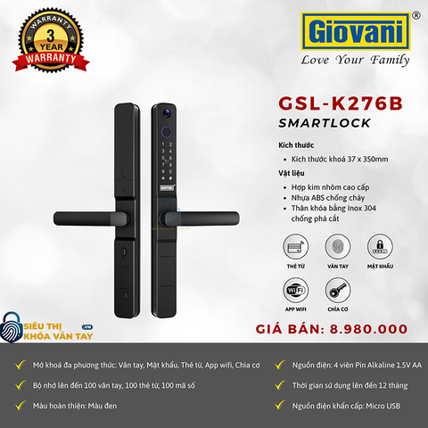 Khóa vân tay  Giovani cửa nhôm GSL-K276B màu đen
