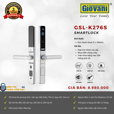 Khóa vân tay  Giovani cửa nhôm GSL-K276S màu bạc