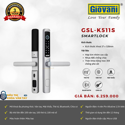 Khóa vân tay  Giovani cửa nhôm GSL-K511S màu bạc