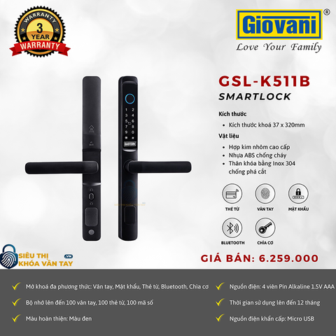 Khóa vân tay  Giovani cửa nhôm GSL-K511S màu đen