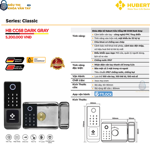 Khóa vân tay Hubert cửa cổng CC68 DARK GRAY