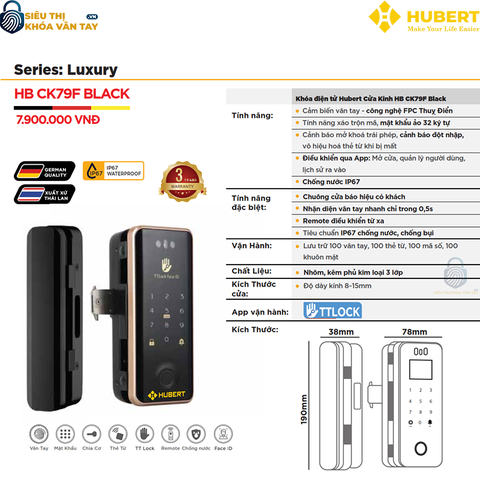 Khóa vân tay Hubert cửa kính CK79F BLACK