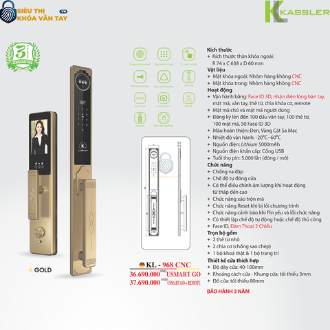 Khóa vân tay Kassler cửa gỗ KL-968 CNC Gold