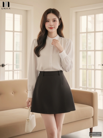 Sơ mi cổ tàu nhún vai trẻ trung, nhẹ nhàng tiểu thư UNSM2510005