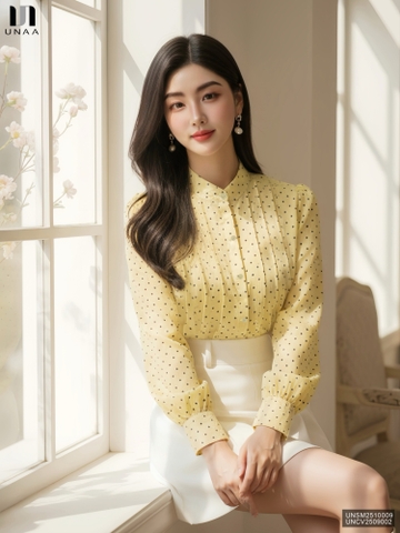 Sơ mi cổ tàu chấm bi nhẹ nhàng, thanh lịch, mềm mịn, mướt UNSM2510009