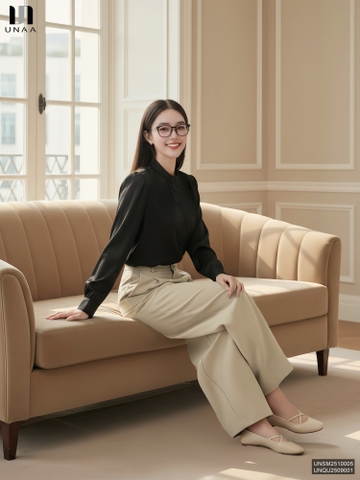 Sơ mi cổ tàu nhún vai trẻ trung, nhẹ nhàng tiểu thư UNSM2510005