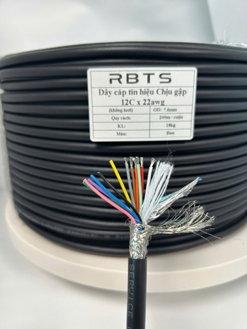 RBTF-12C22L2 - Dây cáp tín hiệu Chịu gập 12C 22awg, Tiết diện lõi 0.32mm2, Đường kính OD: 7.9mm, 2 lớp chống nhiễu