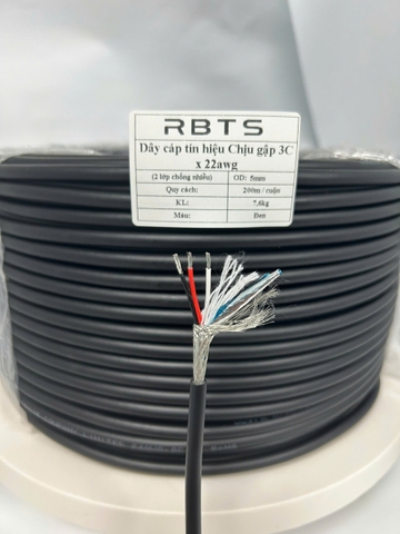 RBTF-3C22L2 - Dây cáp tín hiệu Chịu gập 3C 22awg, Tiết diện lõi 0.32mm2, Đường kính OD: 5.0mm, 2 lớp chống nhiễu