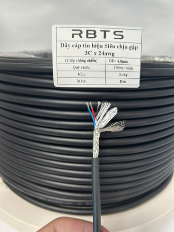 RBTF-3C24L2 - Dây cáp tín hiệu Chịu gập 3C 24awg, Tiết diện lõi 0.21mm2, Đường kính OD: 4.6mm, 2 lớp chống nhiễu