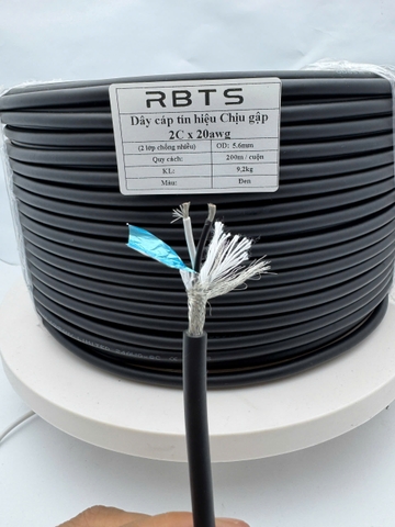 RBTF-2C20L2 - Dây cáp tín hiệu Chịu gập 2C 20awg, Tiết diện lõi 0.52mm2, Đường kính OD: 5.3mm, 2 lớp chống nhiễu