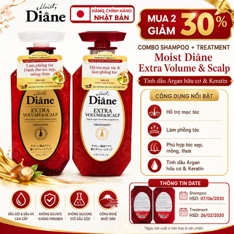 [MUA 2 GIẢM 30%] Combo 1 chai dầu gội và 1 chai dầu xả Moist Diane Extra Volume & Scalp 450ml hỗ trợ mọc tóc và làm phồng tóc