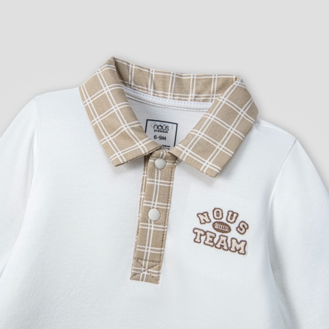 Bộ dài có cổ áo trắng thêu chữ phối quần be nâu NOUS