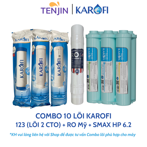 Combo 10 lõi lọc nước karofi (12CTO3, RO 100GPD Mỹ, cụm HP 6.2) dùng cho máy KAQ-U05, KAQ-U95, S-S038,...