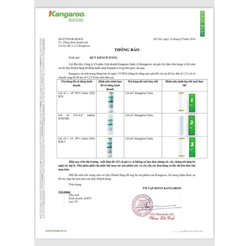 Combo 4 lõi lọc ( Bộ lọc thô số 1,2,3 + lõi số 1) cho máy lọc nước KANGAROO