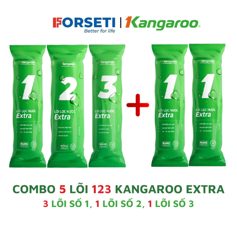 Bộ 5 lõi lọc nước Kangaroo chính hãng dùng cho máy lọc có 3 cốc lọc 10inch (Bộ lọc thô số 1,2,3 và 2 lõi 1)