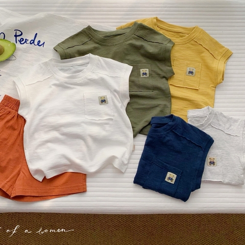 Áo thun ba lỗ tank top cotton xược thêu gấu túi ngực cho bé trai 1 đến 7 tuổi - Bituti Clothings