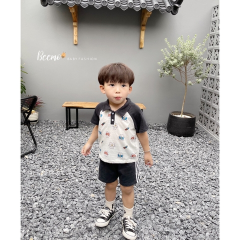 Set hình gấu áo cổ phối tay raglan Beemo