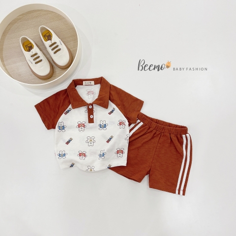 Set hình gấu áo cổ phối tay raglan Beemo