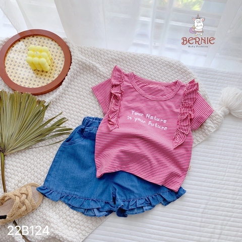 Set bé gái áo bèo sọc hồng quần jeans BERNIE