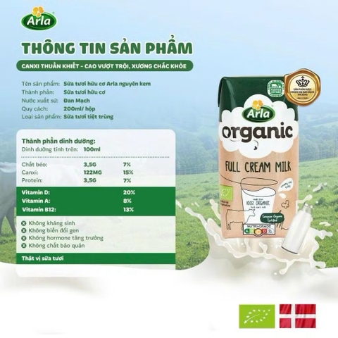 Sữa tươi hữu cơ Arla Organic hộp 200ml