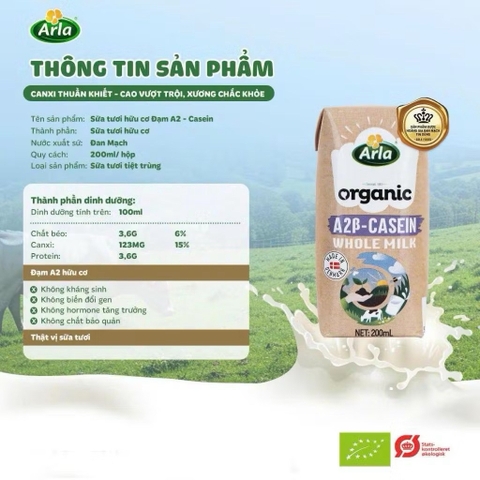 Sữa tươi hữu cơ Arla Organic hộp 200ml